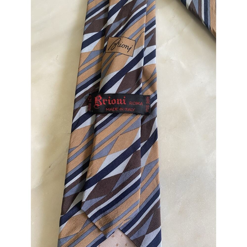 Brioni Brown Striped geometric Luxury Designer Silk Tie vintage Italy - Picture 5 of 6